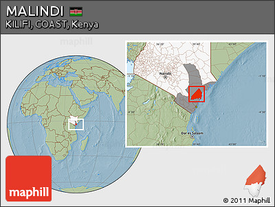 Savanna Style Location Map of MALINDI, highlighted country, highlighted grandparent region, hill shading
