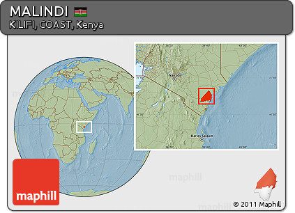 Savanna Style Location Map of MALINDI, hill shading
