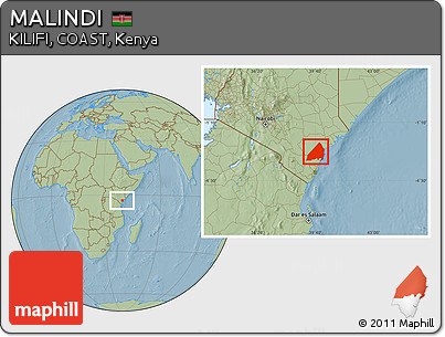 Savanna Style Location Map of MALINDI, hill shading