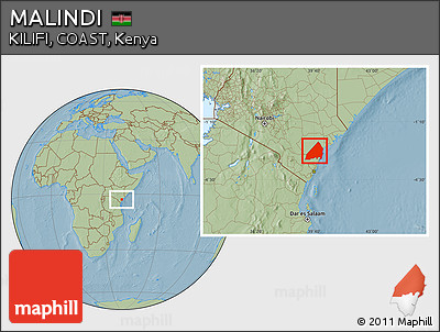 Savanna Style Location Map of MALINDI, hill shading
