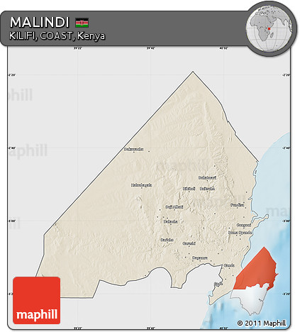 Shaded Relief Map of MALINDI, single color outside