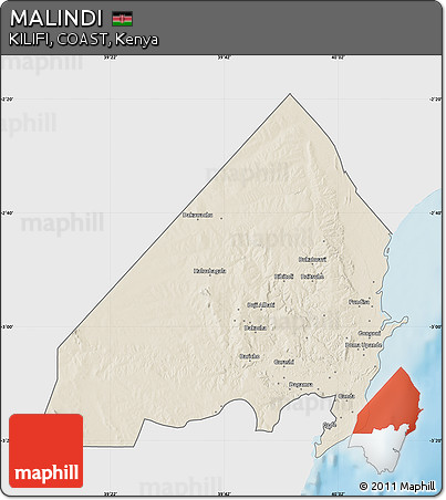 Shaded Relief Map of MALINDI, single color outside
