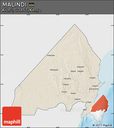 Shaded Relief Map of MALINDI, single color outside