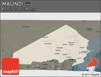 Shaded Relief Panoramic Map of MALINDI, darken