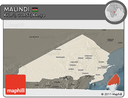 Shaded Relief Panoramic Map of MALINDI, darken