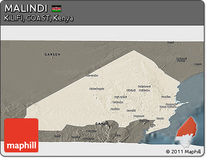 Shaded Relief Panoramic Map of MALINDI, darken