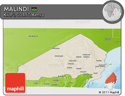 Shaded Relief Panoramic Map of MALINDI, physical outside