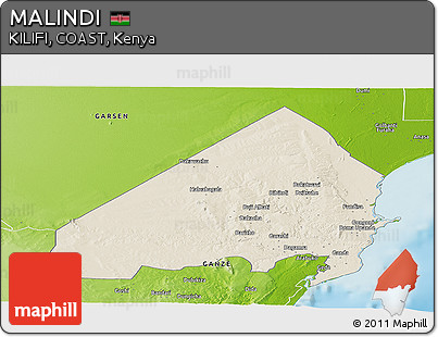 Shaded Relief Panoramic Map of MALINDI, physical outside