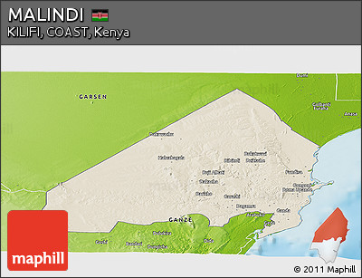 Shaded Relief Panoramic Map of MALINDI, physical outside