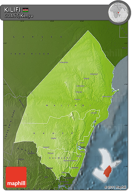 Physical Map of KILIFI, darken