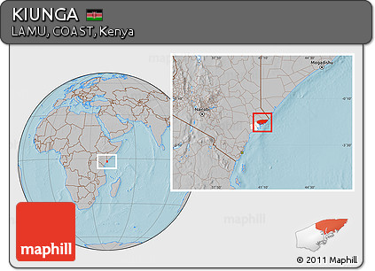 Gray Location Map of KIUNGA, highlighted parent region, hill shading