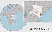 Gray Location Map of MPEKETONI, highlighted country, highlighted parent region, within the entire country, hill shading