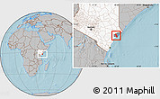 Gray Location Map of MPEKETONI, highlighted country, highlighted parent region, hill shading