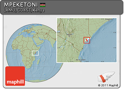 Savanna Style Location Map of MPEKETONI, highlighted parent region, hill shading