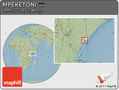 Savanna Style Location Map of MPEKETONI, highlighted parent region, hill shading