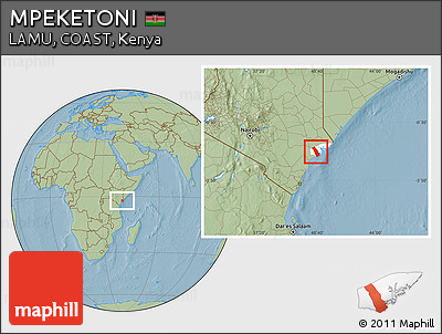 Savanna Style Location Map of MPEKETONI, highlighted parent region, hill shading