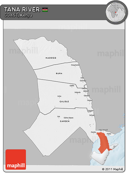 Gray 3D Map of TANA RIVER, single color outside