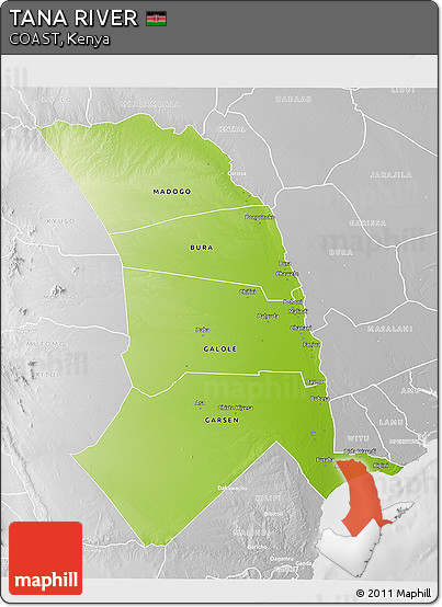 Physical 3D Map of TANA RIVER, lighten, desaturated