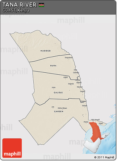 Shaded Relief 3D Map of TANA RIVER, single color outside