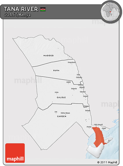 Silver Style 3D Map of TANA RIVER, single color outside