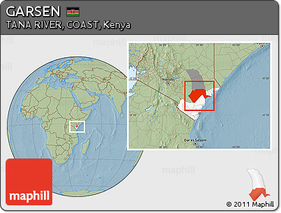 Savanna Style Location Map of GARSEN, highlighted parent region, highlighted grandparent region, hill shading