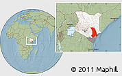 Savanna Style Location Map of TANA RIVER, highlighted country, highlighted parent region, within the entire country, hill shading