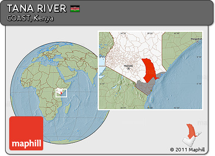 Savanna Style Location Map of TANA RIVER, highlighted country, highlighted parent region, hill shading