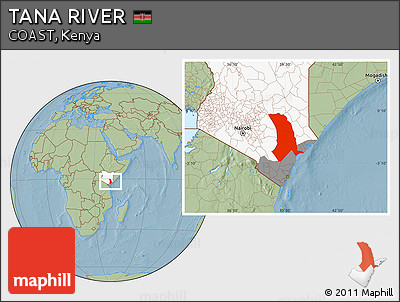 Savanna Style Location Map of TANA RIVER, highlighted country, highlighted parent region, hill shading