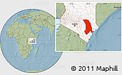 Savanna Style Location Map of TANA RIVER, highlighted country, hill shading