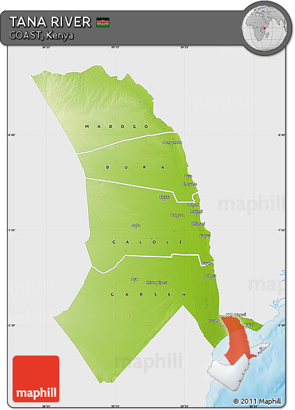 Physical Map of TANA RIVER, single color outside