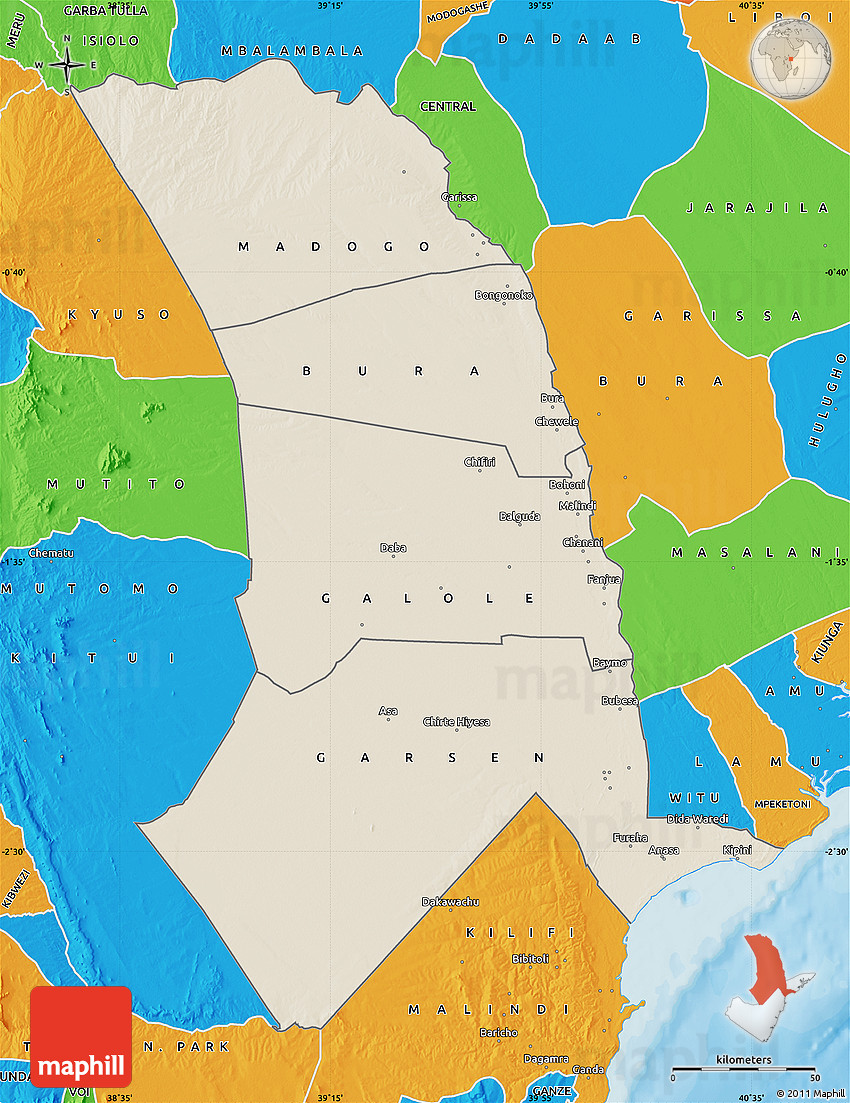 Map Of Tana River County Shaded Relief Map Of Tana River, Political Outside