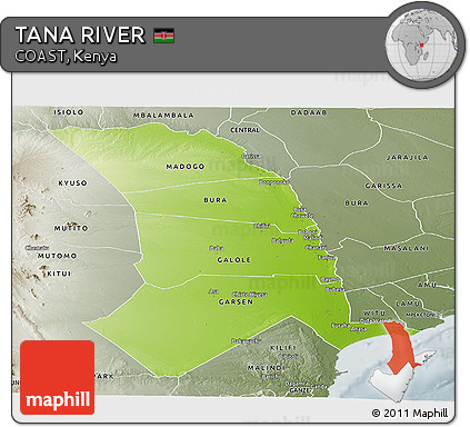 Physical Panoramic Map of TANA RIVER, semi-desaturated