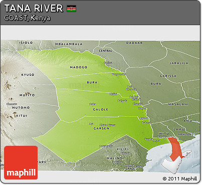 Physical Panoramic Map of TANA RIVER, semi-desaturated
