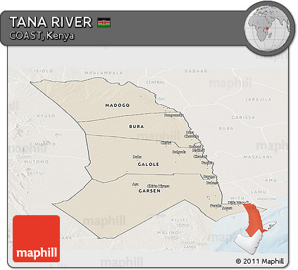 Shaded Relief Panoramic Map of TANA RIVER, lighten