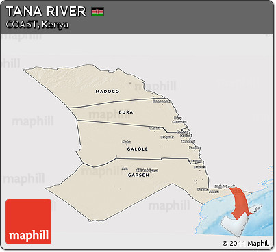 Shaded Relief Panoramic Map of TANA RIVER, single color outside