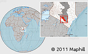 Gray Location Map of MAKUENI, highlighted country, highlighted parent region, hill shading
