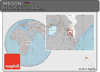 Gray Location Map of MBOONI, highlighted parent region, highlighted grandparent region, hill shading