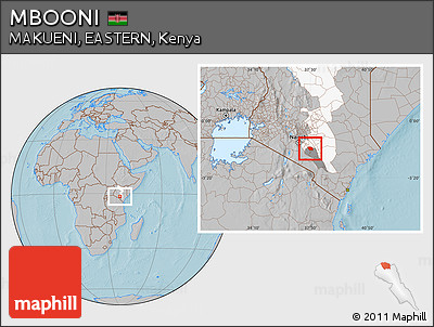 Gray Location Map of MBOONI, highlighted parent region, highlighted grandparent region, hill shading