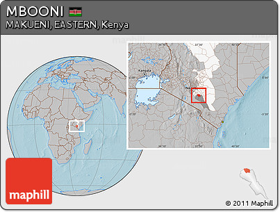 Gray Location Map of MBOONI, highlighted parent region, highlighted grandparent region, hill shading