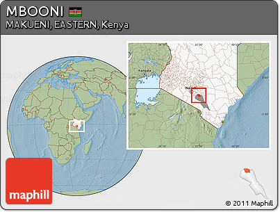 Savanna Style Location Map of MBOONI, highlighted country, highlighted parent region, hill shading