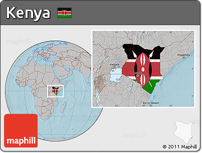 Flag Location Map of Kenya, gray outside, hill shading outside
