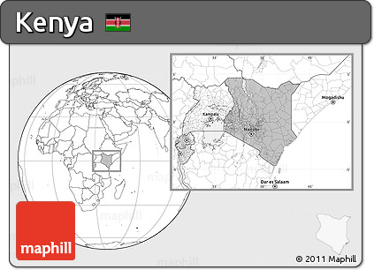 Gray Location Map of Kenya, blank outside, hill shading inside