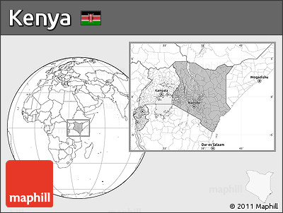 Gray Location Map of Kenya, blank outside, hill shading inside