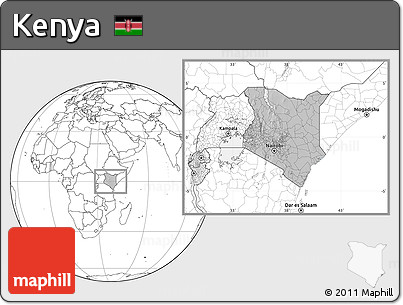 Gray Location Map of Kenya, blank outside, hill shading inside