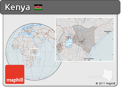 Gray Location Map of Kenya, lighten, hill shading