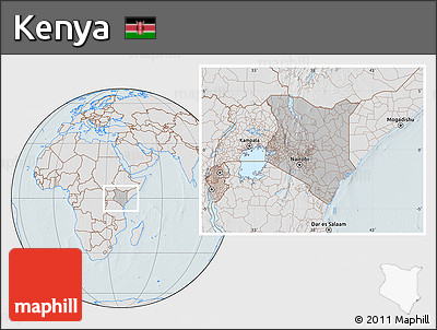 Gray Location Map of Kenya, lighten, hill shading
