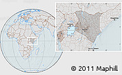 Gray Location Map of Kenya, lighten, hill shading