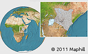 Gray Location Map of Kenya, satellite outside, hill shading