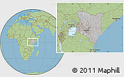 Gray Location Map of Kenya, savanna style outside, hill shading inside