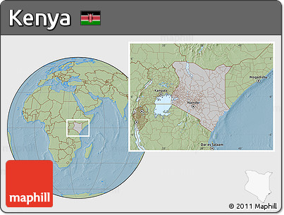 Gray Location Map of Kenya, savanna style outside, hill shading outside